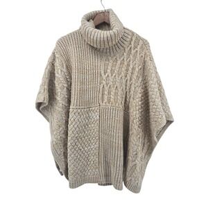 MOTH Anthropologie Cable Knit Poncho Sweater OS Beige Turtleneck Oversized Cape